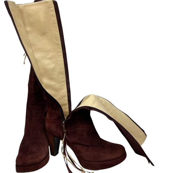 Pollini Womens Maroon Lush Suede Tassel Block Heel Double Zip Tall Boot Size 6.5 - Picture 6 of 12